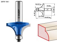 Фреза кромочная калевочная №1, D= 38,1мм, рабочая длина-17мм, радиус-12,7мм, хв.-8мм, d-12,7мм, ЗУБР Профессионал Зубр