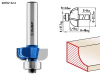 Фреза кромочная калевочная №2, D= 22,2мм, рабочая длина-8мм, радиус-4,8мм, хв.-8мм, d-12,7мм, ЗУБР Профессионал Зубр